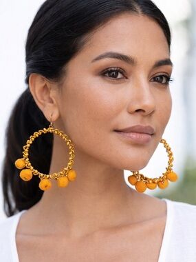 Antica Sartoria Yellow Beaded Hoop Pom-Pom Earrings, Positano Italian made